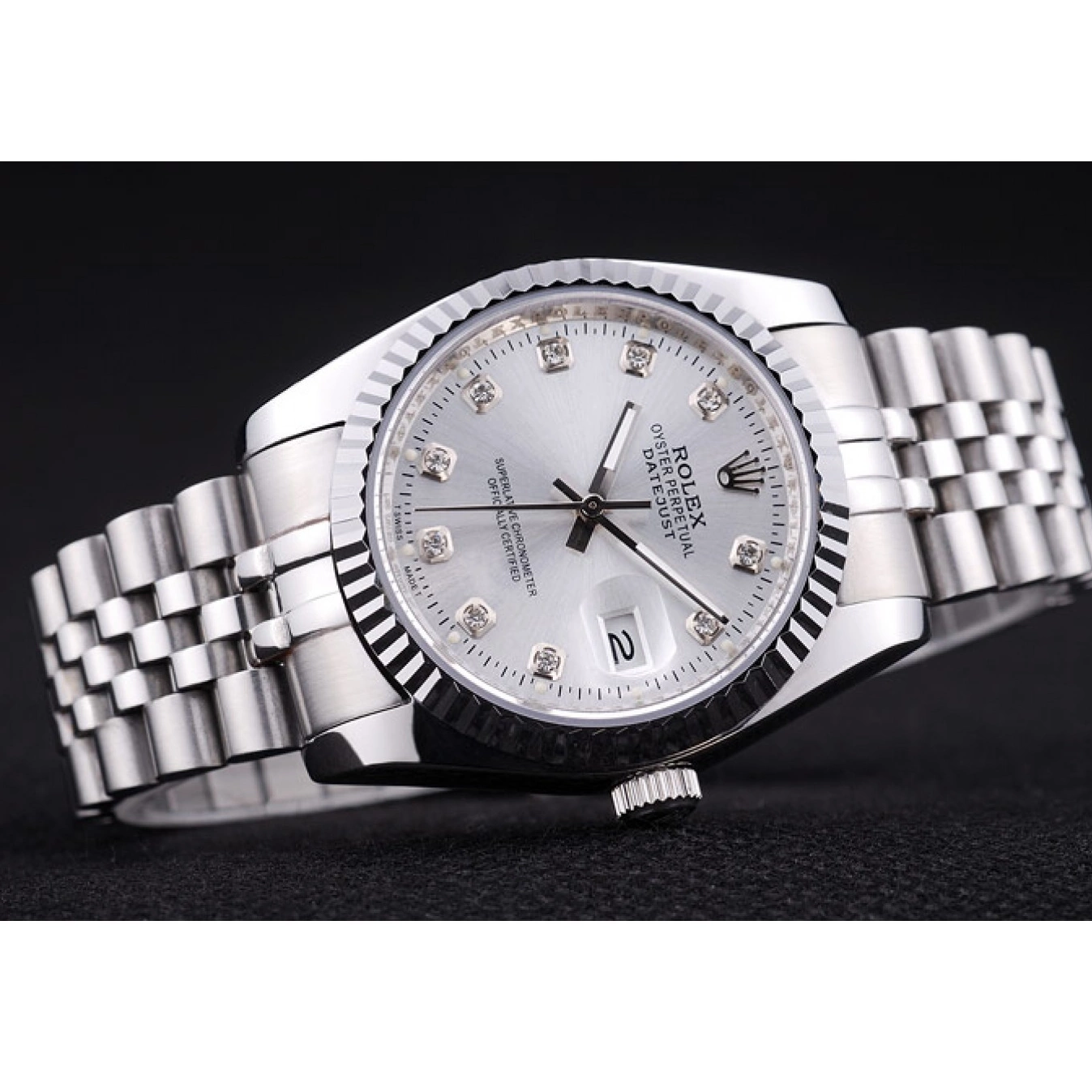Aaa replica watch Dial Ribbed Diamonds Datejust Rolex 7455 Bezel Silver 0721